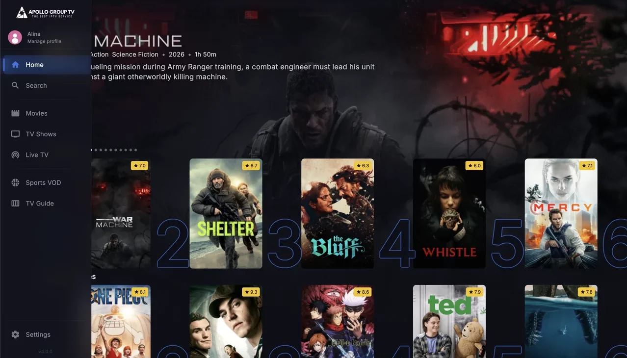 Apollo Group TV app navigation sidebar menu