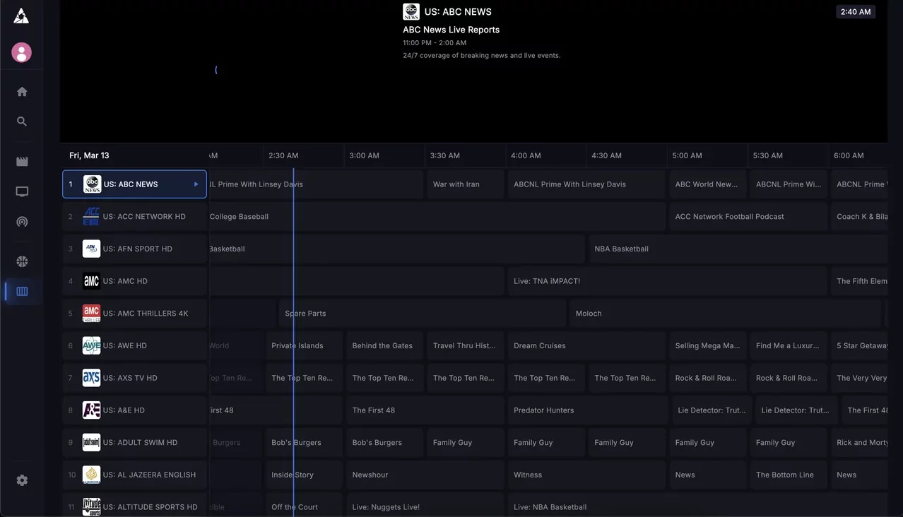 Apollo Group TV electronic program guide showing TV schedule