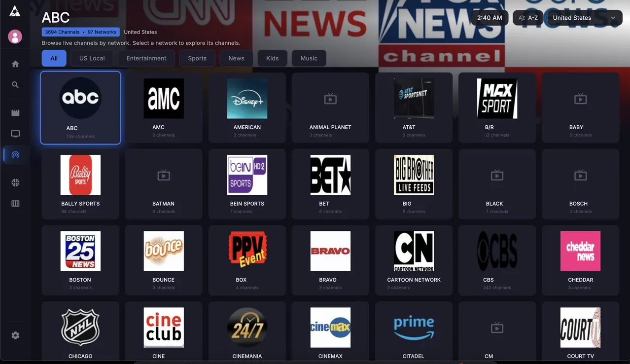 Apollo Group TV live TV channels organized by categories