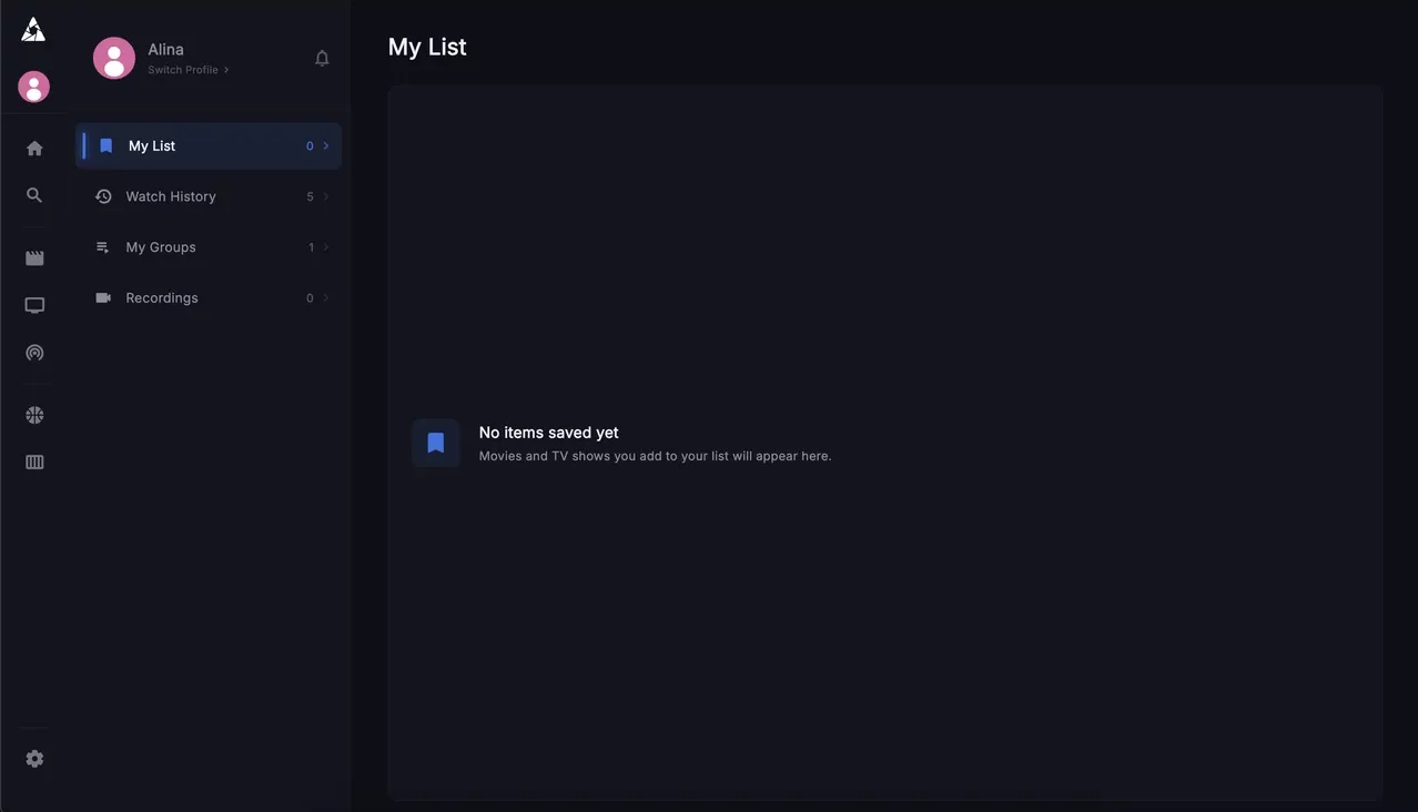 Apollo Group TV user profile with watchlist and viewing history