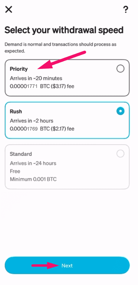 Step 22: Select withdrawal speed (screenshot 1)