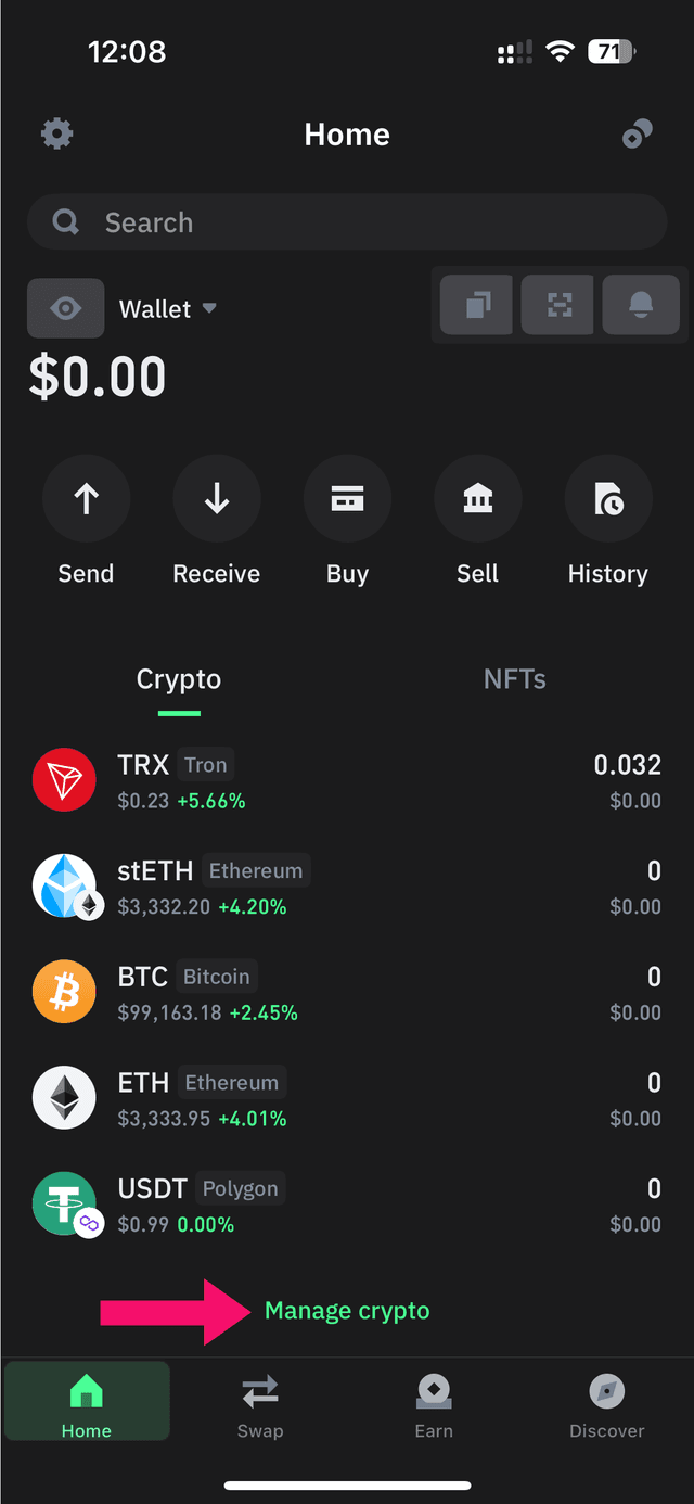 Step 2: Select Bitcoin and tap Send (screenshot 1)