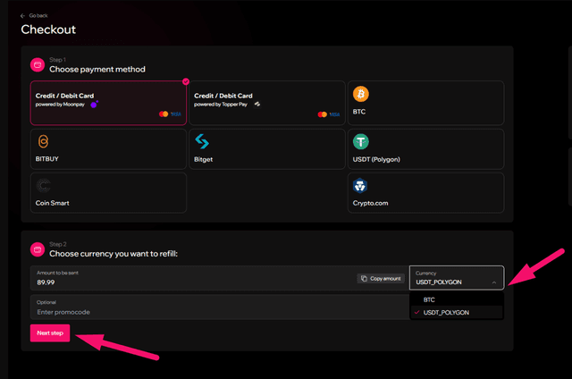 Step 11: Select Credit Card / MoonPay payment (screenshot 1)